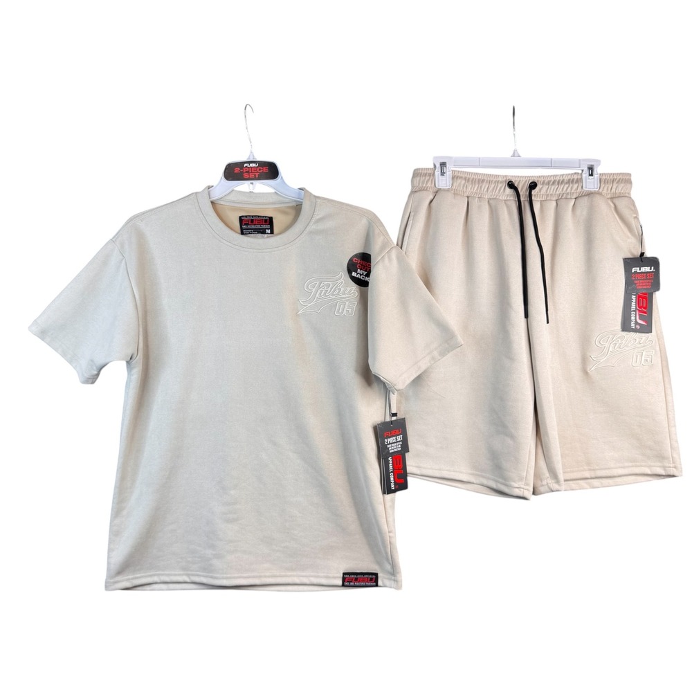 FUBU Mens 2 Piece Set Beige Short Sleeve Shirt Shorts Strength Wears Well M